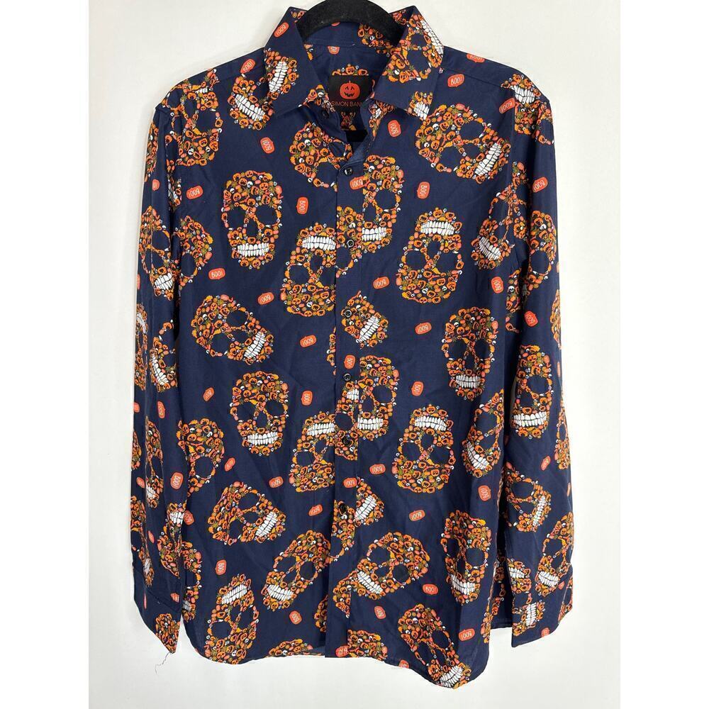 Simon Banks Men's Halloween Pumpkin Skull Prints‎ Button Down Shirt MEDIUM NWOT